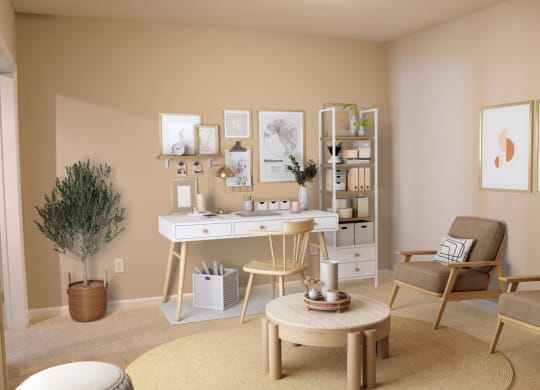 a living room with a desk and a chair