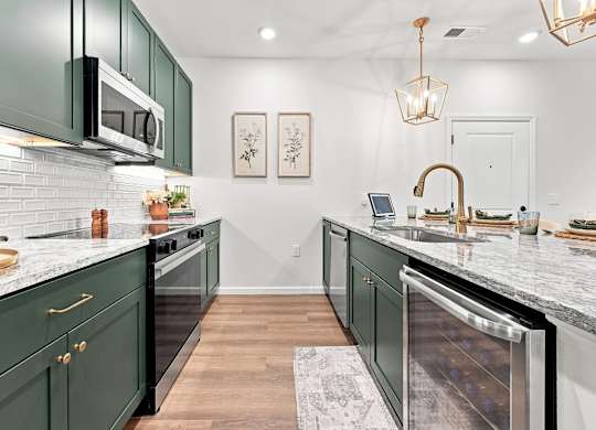 A kitchen with green cabinets and a white backdrop.
