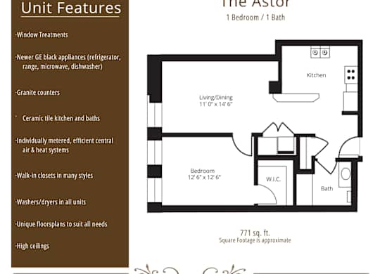 Apartment rental information of floor plan Astor(1) at Grand Wisconsin, Milwaukee
