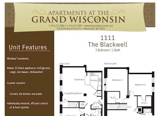 Apartment rental information of floor plan Blackwell at Grand Wisconsin, Wisconsin , 53203
