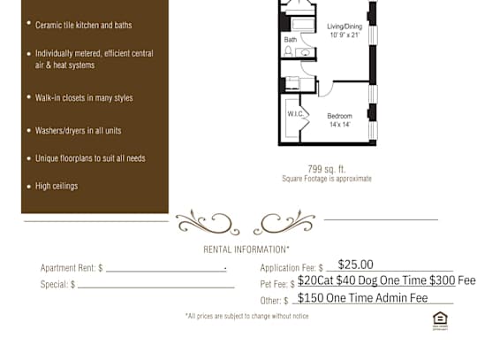 Apartment rental information of floor plan Bradford at Grand Wisconsin, Milwaukee, 53203