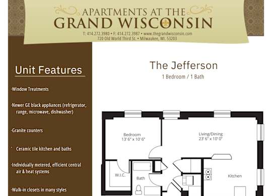 Apartment rental information of floor plan Jefferson at Grand Wisconsin, Milwaukee, Wisconsin