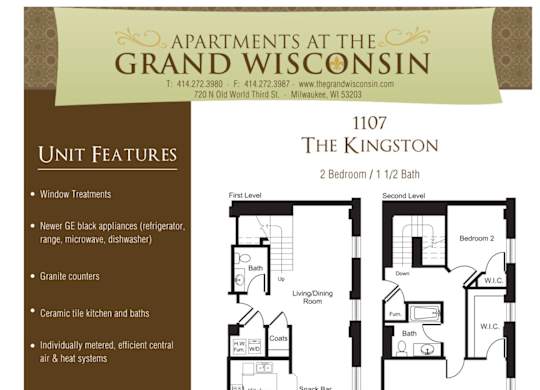 Apartment rental information of floor plan Kingston at Grand Wisconsin, Milwaukee, 53203