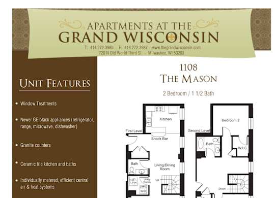 Apartment rental information of floor plan Mason at Grand Wisconsin, Wisconsin , 53203