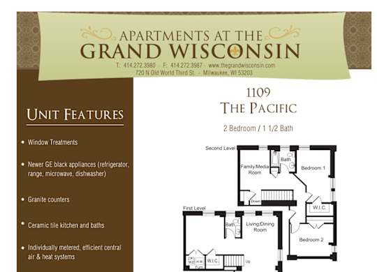 Apartment rental information of floor plan Pacific at Grand Wisconsin, Milwaukee, WI, 53203