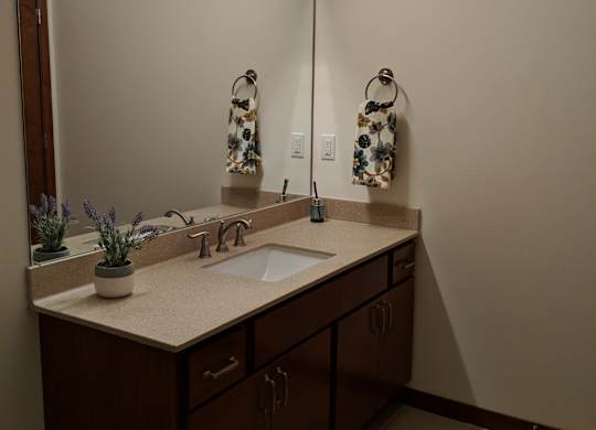 A bathroom with a sink, mirror, and towel rack at Cornerstone & Ravenna* Apartments, Shorewood 53211