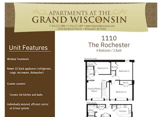 Apartment rental information of floor plan Rochester at Grand Wisconsin, Milwaukee, WI
