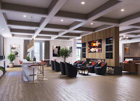 A modern living room with a wooden floor and a large window.