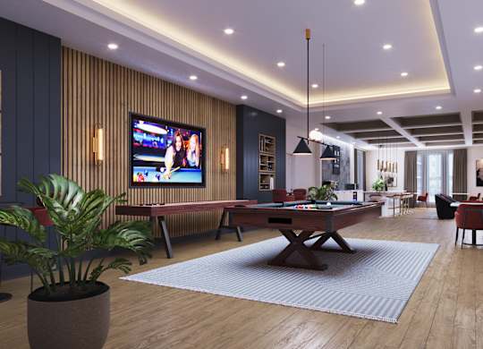 A modern living room with a large TV and a pool table.