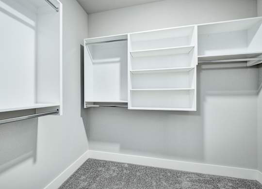 A white pantry with open shelves and a grey carpet at The Ashton at East Park Apartments, Georgia, 30144