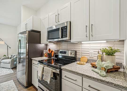 a kitchen with stainless steel appliances and granite counter tops at The Leo Myrtle Beach, Myrtle Beach, SC