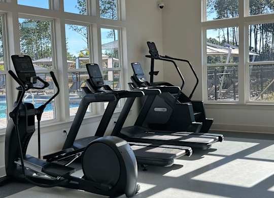 A row of elliptical machines are lined up in a sunny gym at The Beacon at 331 Apartments, Santa Rosa Beach, Florida