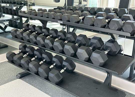 A rack of black hexagonal dumbbells in a gym at The Beacon at 331 Apartments, Santa Rosa Beach, FL