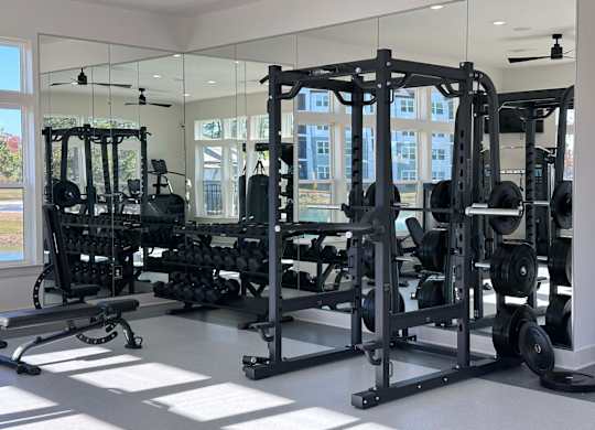 A gym with a mirrored wall and various weightlifting equipment at The Beacon at 331 Apartments, Santa Rosa Beach