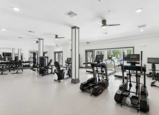 Gym with cardio equipment and weights in a building with windows at The Leo Myrtle Beach, South Carolina, 29579