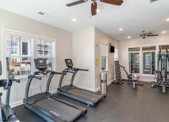 two treadmills and other exercise equipment in a home gym with windows