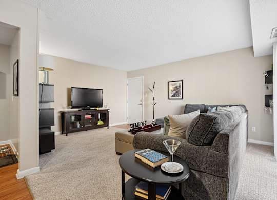 A living room with a grey couch, a black coffee table, and a flat screen TV.