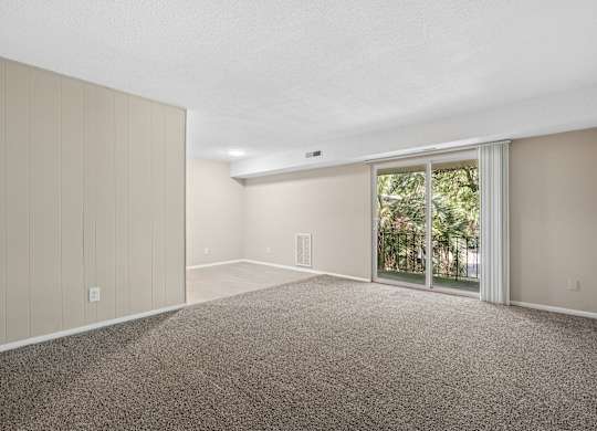 A room with a carpeted floor and a sliding glass door leading outside.