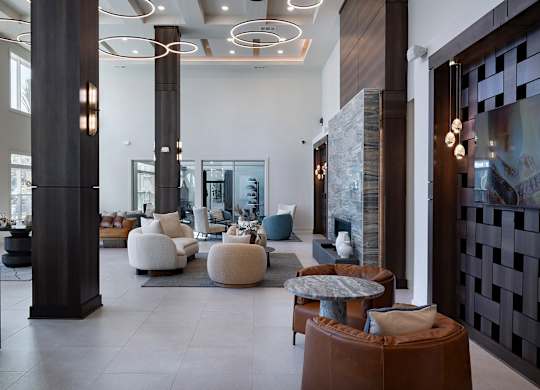 A modern living room with a black and white color scheme at The Waverly at Winter Haven Apartments, Winter Haven, FL, 33884