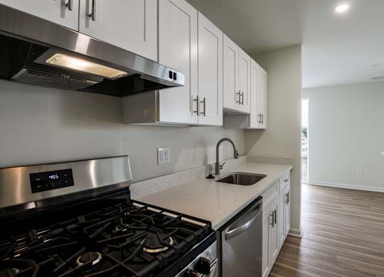 A modern kitchen with a stove, sink, and cabinets.