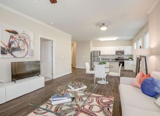 Living room and kitchen at the Flats at Neabsco