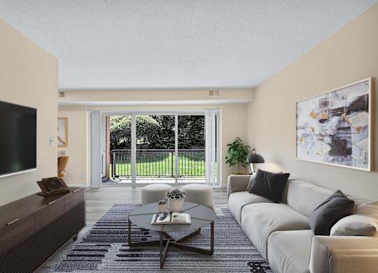 A modern living room with a flat screen TV on the left and a large window with a view of a green lawn outside.
