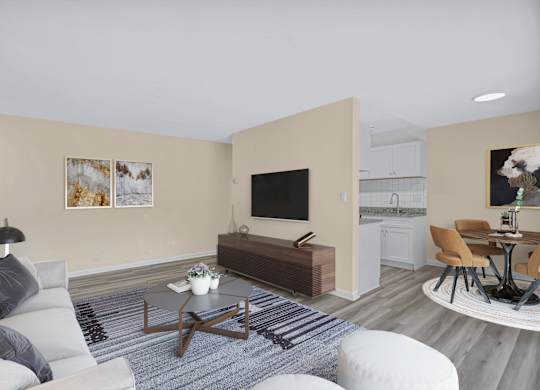 A living room with a grey sofa, a coffee table, and a television.
