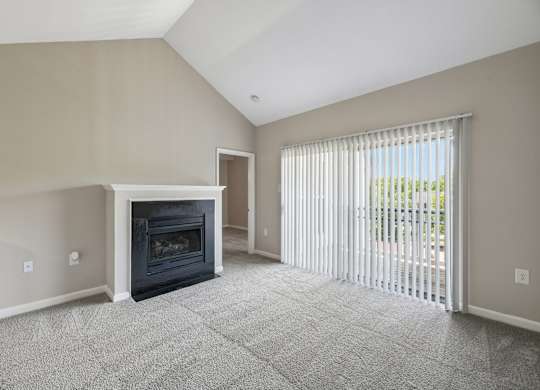 A room with a fireplace and a sliding glass door.