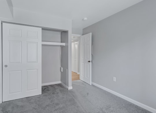 a bedroom with a closet and a door to a hallway