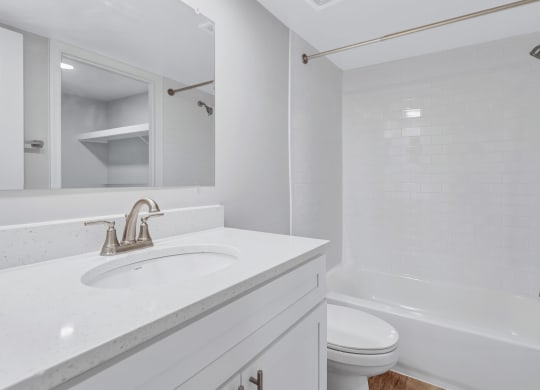a bathroom with a sink and a shower and a toilet