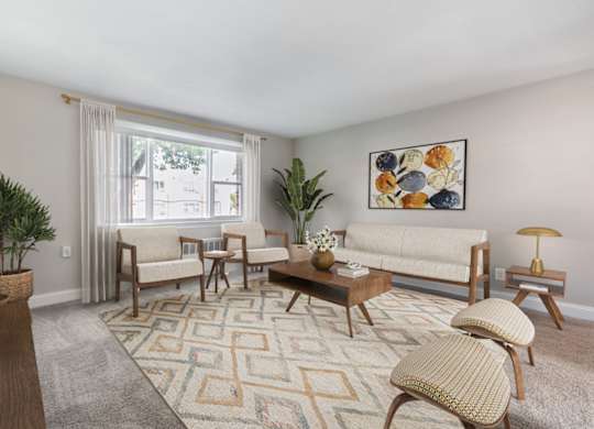 A living room with a rug, a couch, a chair, a coffee table, and a potted plant.