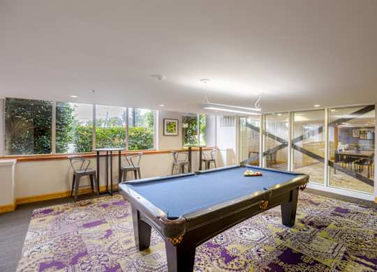 A pool table in a room with a view of the backyard.