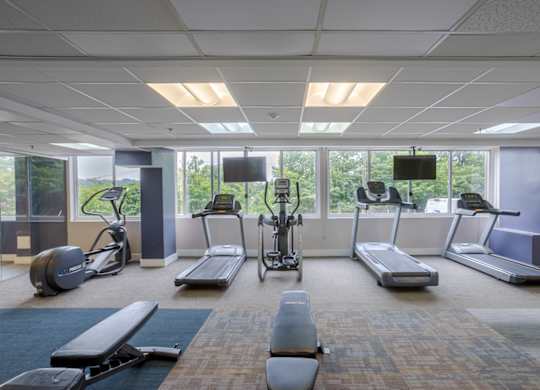 A gym with treadmills, exercise bikes, and elliptical machines.