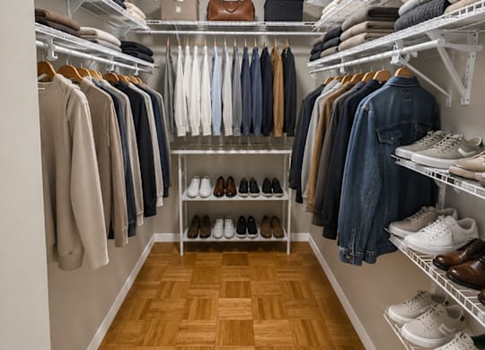 A walk in closet with clothes and shoes.
