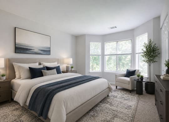 A bedroom with a large bed, a chair, and a painting on the wall.