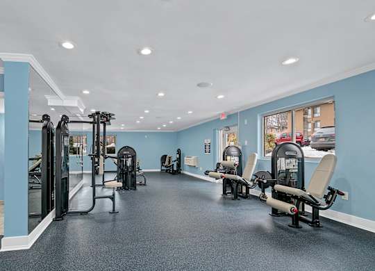 A gym with a row of chairs and a row of exercise machines.