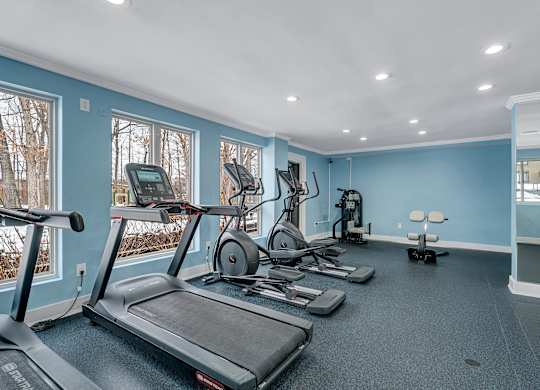 A gym with treadmills, elliptical machines, and other exercise equipment.