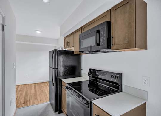 A black refrigerator and microwave are installed above a black stove in a kitchen with wooden cabinets.