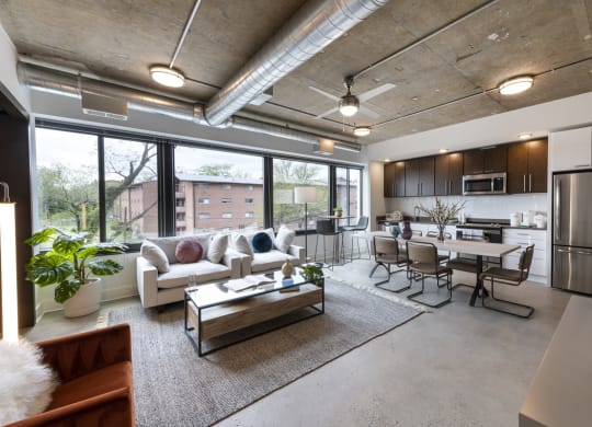 A living room and kitchen in a modern apartment.