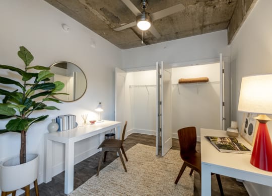 Small den with two desks, chair, and plant.