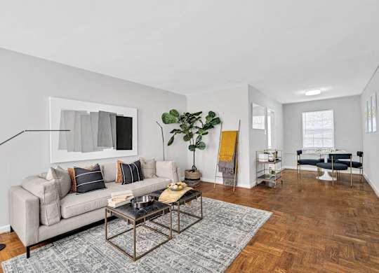A living room with a grey couch, a coffee table, and a plant.