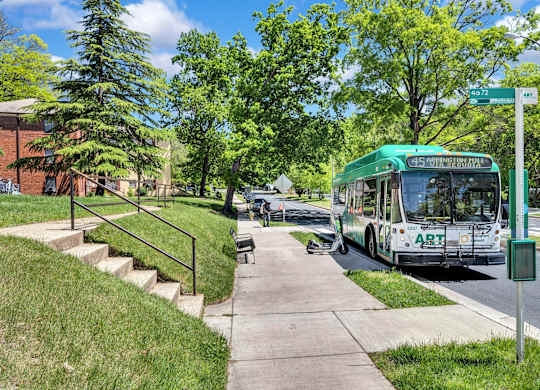 A green bus with the word ART on the front is driving down a street.