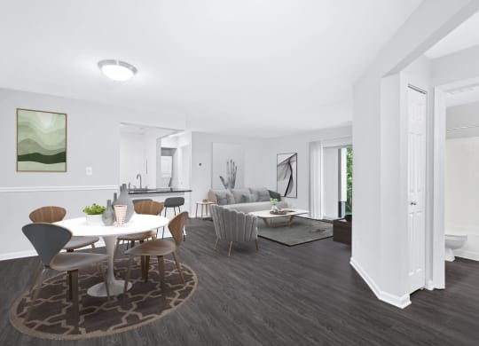 Livingroom and dining room view of an apartment home at Waterside at Reston.