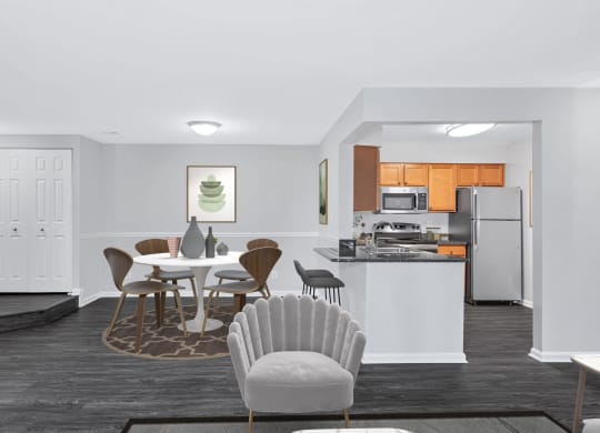 Livingroom and dining room view of an apartment home at Waterside at Reston.