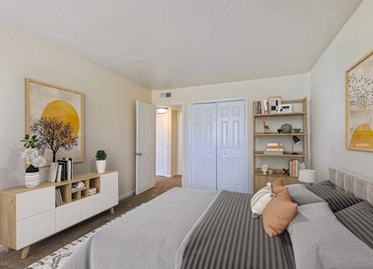 A bedroom with a bed, dresser, and a painting on the wall.