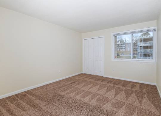 an empty living room with carpet and a window
