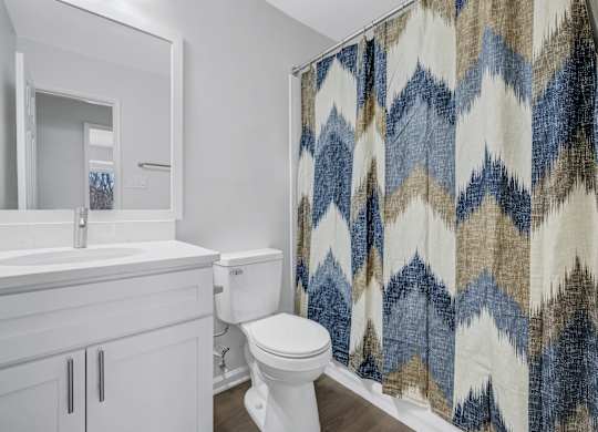 A bathroom with a white toilet and a shower curtain with a blue and brown pattern.
