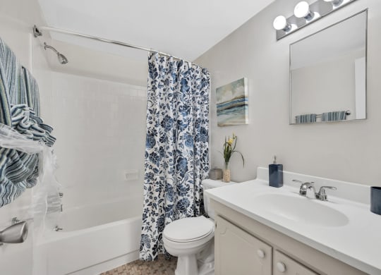 a bathroom with a white sink and toilet next to a bathtub with a shower curtain