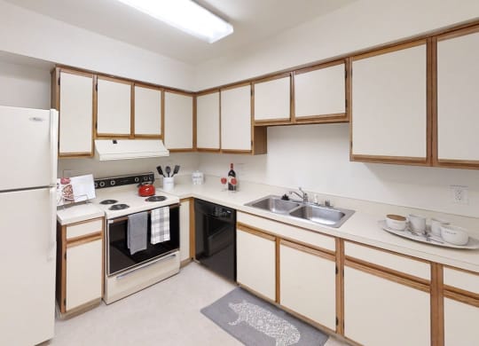 a kitchen with white cabinets and a sink and a refrigerator
