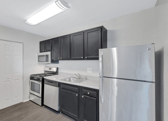 a kitchen with stainless steel appliances and black cabinets
